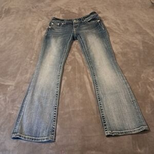 Miss Me Easy Boot Low Rise Silver Sequins Rhinestones Jeans Flap Pockets Sz. 27